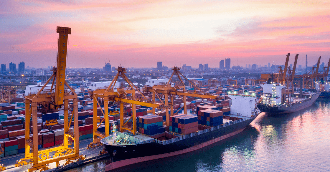 Shipping port with cargo vessels for sea transport